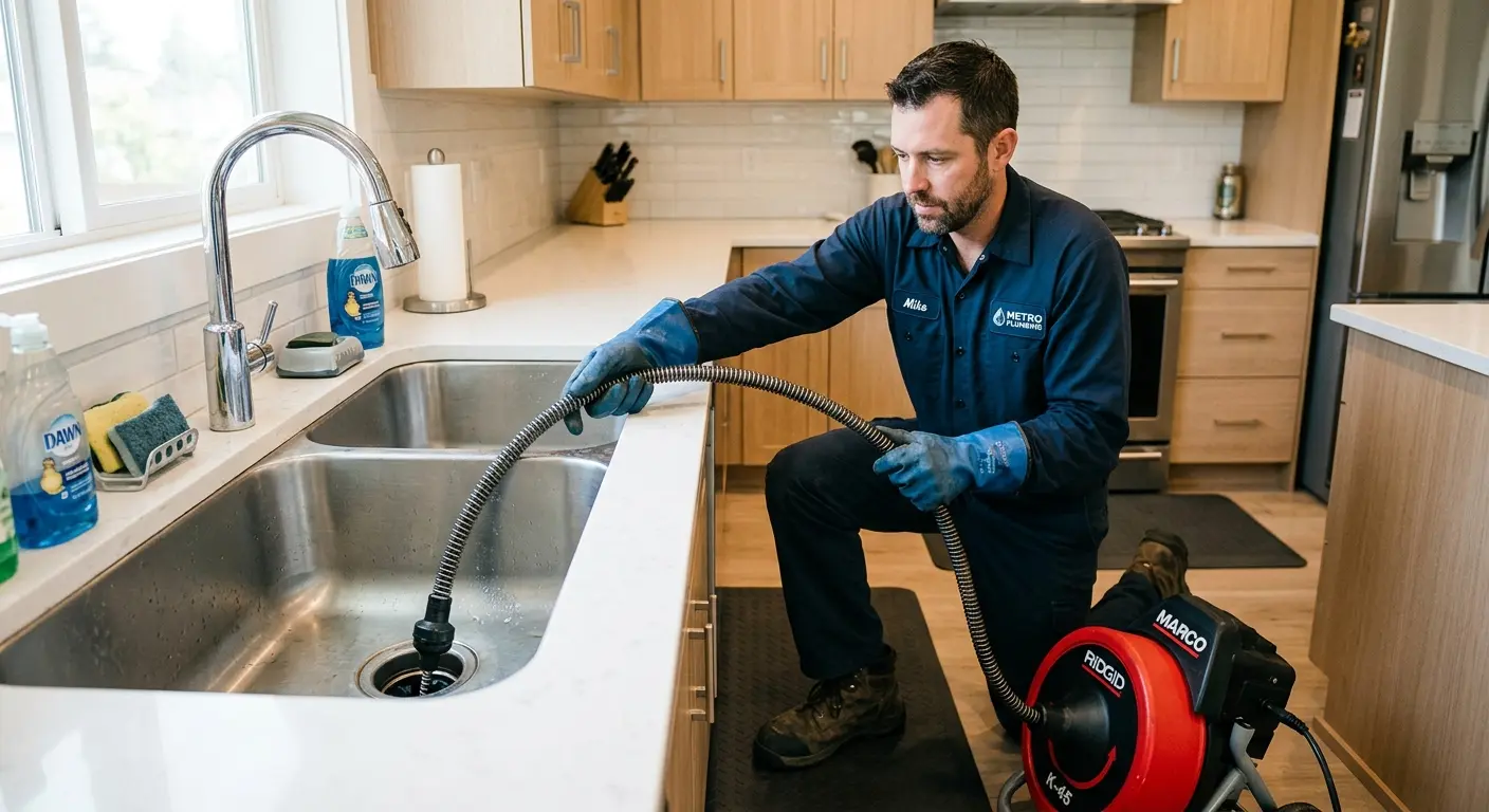 Drain cleaning technician using a motorized snake on a kitchen sink in Rocky Hill