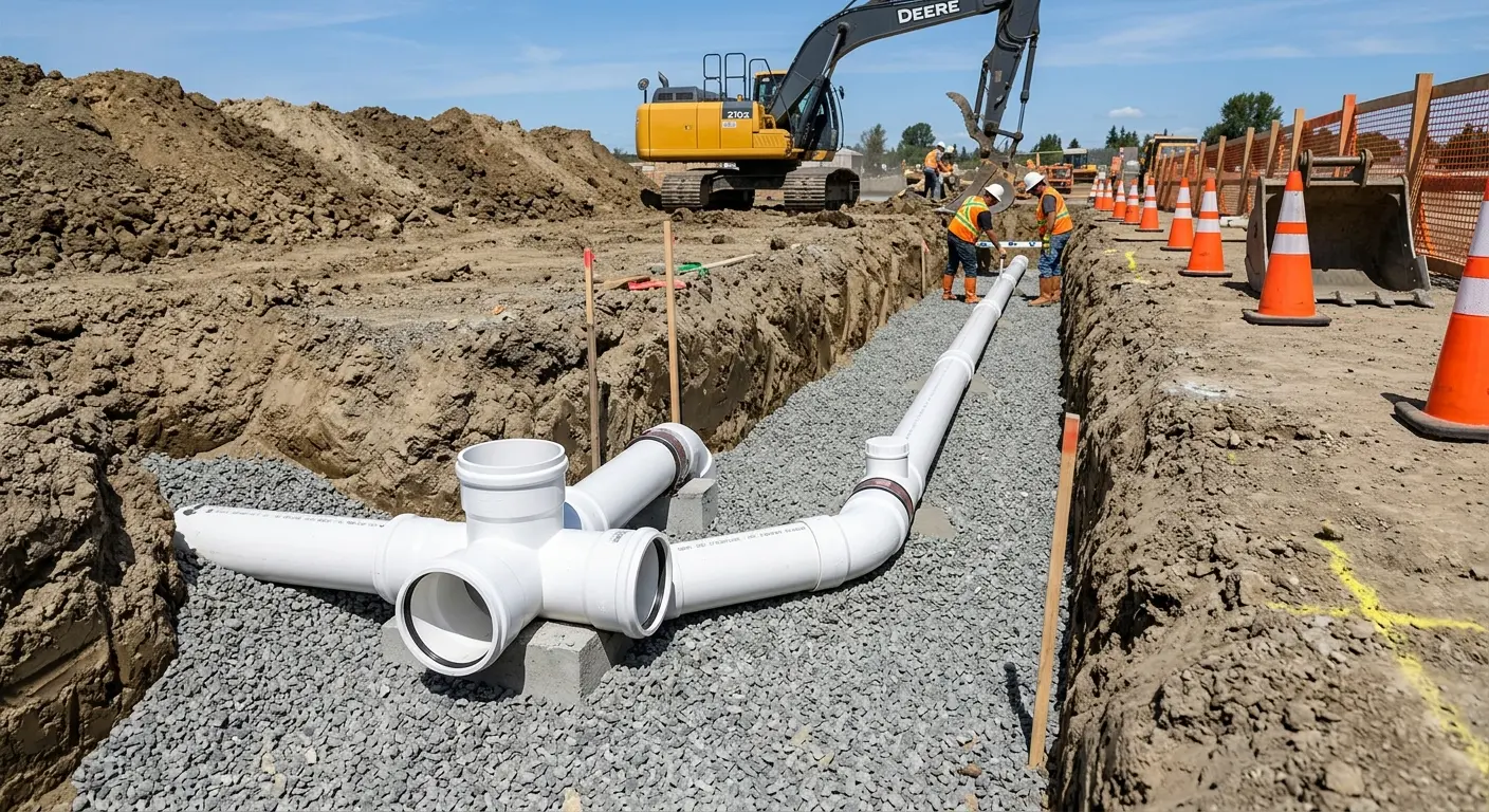 New PVC sewer pipe installation in open trench for Sewer Backup in Rocky Hill