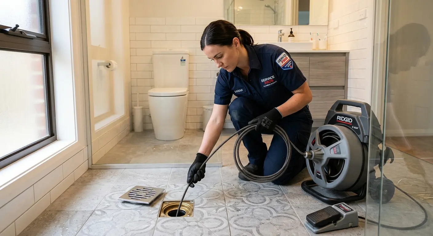 Technician clearing a bathroom floor drain for Hydro Jetting in Rocky Hill